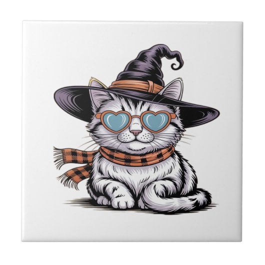ハートのメガネをかけたかわいいハロウィン猫 タイル (正面)