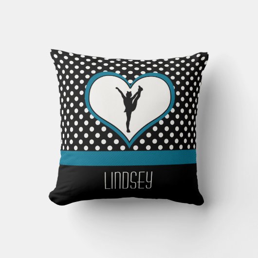 ハートのモノグラムのでクラシックなティール(緑がかった色)の水玉模様の応援 クッション (正面)