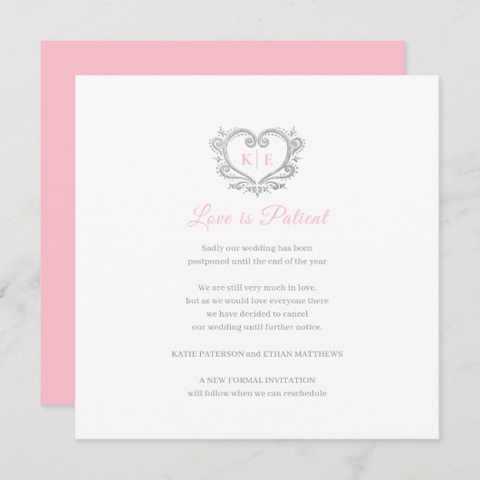 ハートのモノグラム キャンセルされた結婚式 愛は忍耐強い ピンク 案内状 (正面/裏面)
