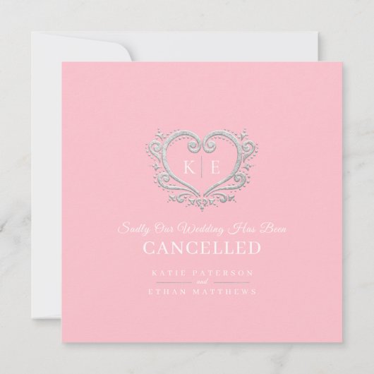 ハートのモノグラム キャンセルされた結婚式 愛は忍耐強い ピンク 案内状 (裏面)