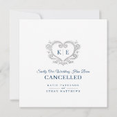 ハートのモノグラム キャンセルされた結婚式 愛は忍耐強い 青 案内状 (裏面)