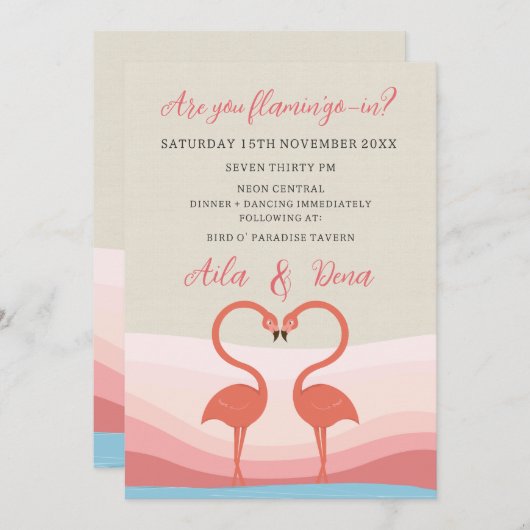 ハートのラブバード フラインゴー ウェディング 婚約 招待状 (正面/裏面)