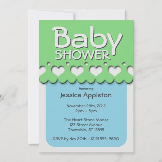 ハートのリボンパターン緑及び青色児のシャワー 招待状 (正面)