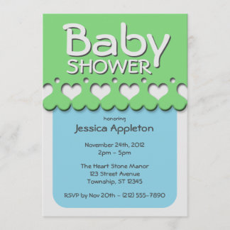 ハートのリボンパターン緑及び青色児のシャワー 招待状