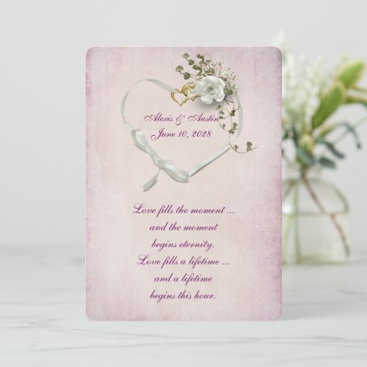 ハートのリボン結婚とピンクの指輪 招待状 (スタンド正面)