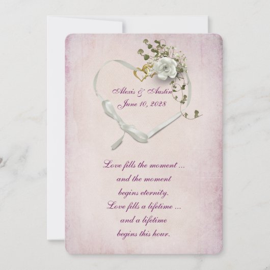 ハートのリボン結婚とピンクの指輪 招待状 (正面)