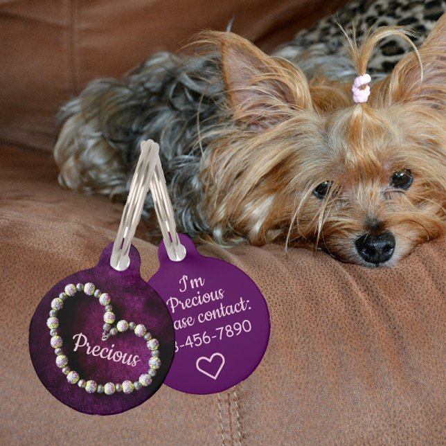 ハートのヴィンテージストランドのビーズ紫マルーン ペット　ネームタグ (クリエイターアップロード済み)