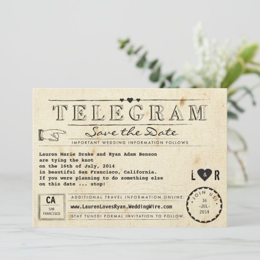 ハートのヴィンテージ旅行保存の電報日付 セーブザデート (スタンド正面)