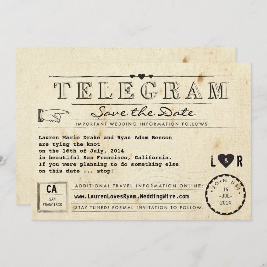 ハートのヴィンテージ旅行保存の電報日付 セーブザデート (正面/裏面)