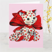 ハートのヴィンテージ バレンタイン アート 白猫 カード (黄色い花)