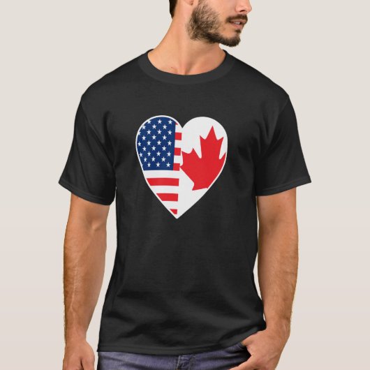 ハートの中のカナダとアメリカの旗 Tシャツ (正面)