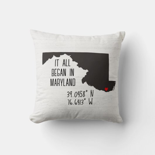 ハートの付いたメリーランド州のGPS座標 クッション (正面)