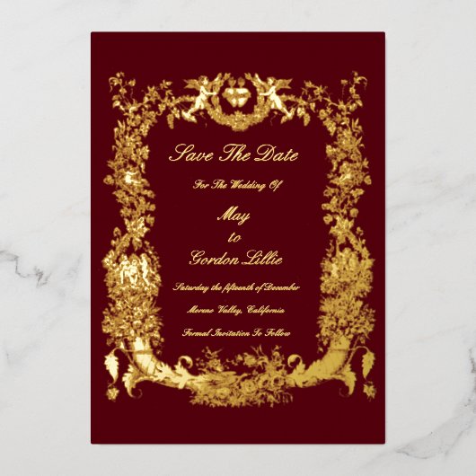 ハートの付いたヴィンテージ バロック ロココ ボーダー 箔招待状 (正面)