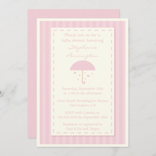 ハートの傘のベビーシャワーの招待を雨が降ること 招待状 (正面/裏面)