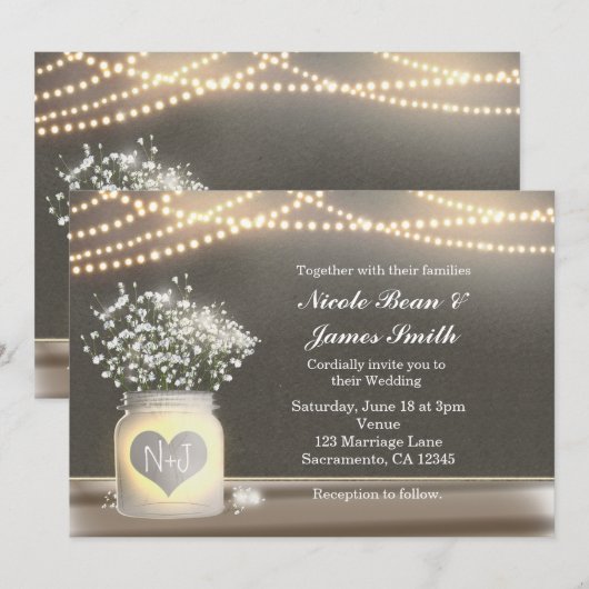 ハートの光るメイソンジャーとベイビーズブレスの招待状 招待状 (正面/裏面)