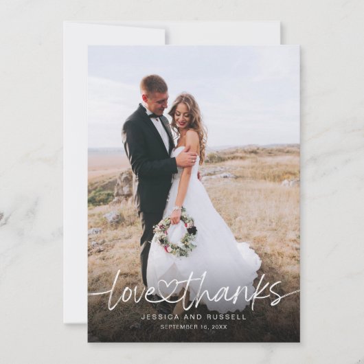 ハートの写真付き手書きスクリプトの結婚式 サンキューカード (正面)