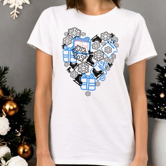 ハートの冬クリスマス落書きモノグラムスクリプト雪 Tシャツ