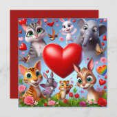 ハートの動物たちのバレンタインデー シーズンカード (正面/裏面)