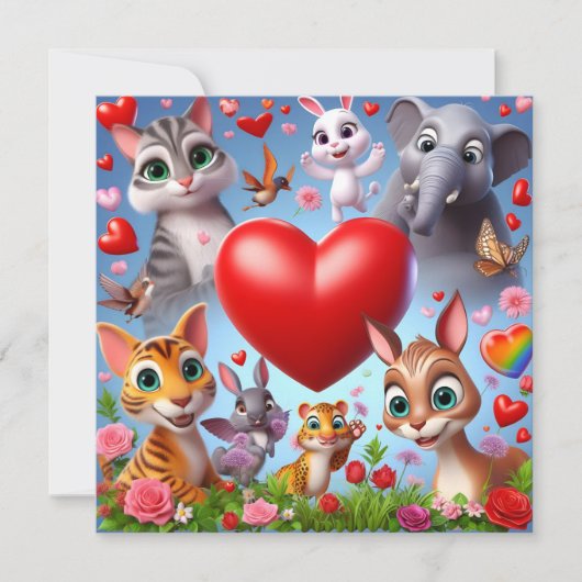 ハートの動物たちのバレンタインデー シーズンカード (正面)