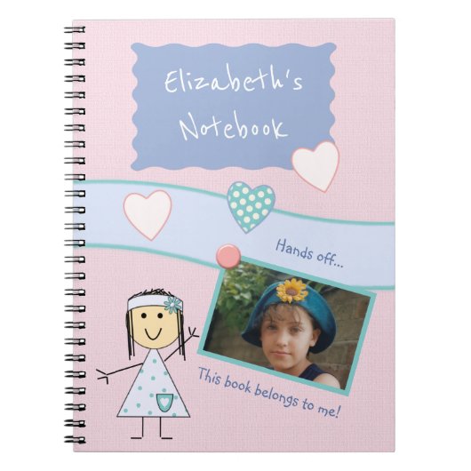 ハートの名前と写真が付いたピンクとラベンダーのデザイン ノートブック (正面)