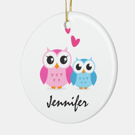 ハートの名前入りな名前のかわいい漫画のフクロウ セラミックオーナメント (左)