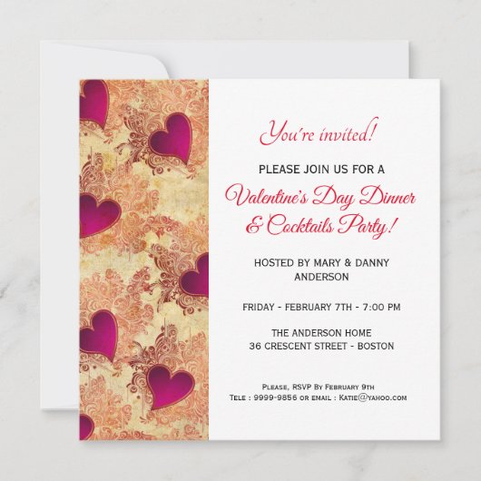 ハートの夕食及びカクテルのバレンタインデーの招待 招待状 (正面)