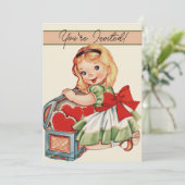 ハートの女の子 レトロ かわいい 子ども 招待状 (スタンド正面)