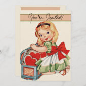 ハートの女の子 レトロ キュート 子ども 招待状 (正面/裏面)