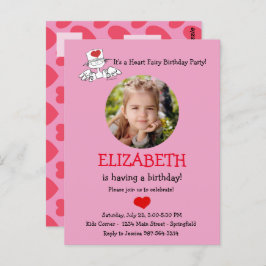ハートの妖精の誕生日写真招待状 ポストカード