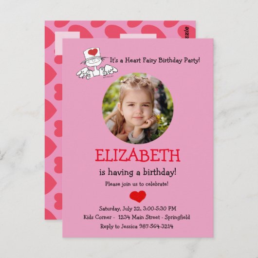 ハートの妖精の誕生日写真招待状 ポストカード (正面/裏面)