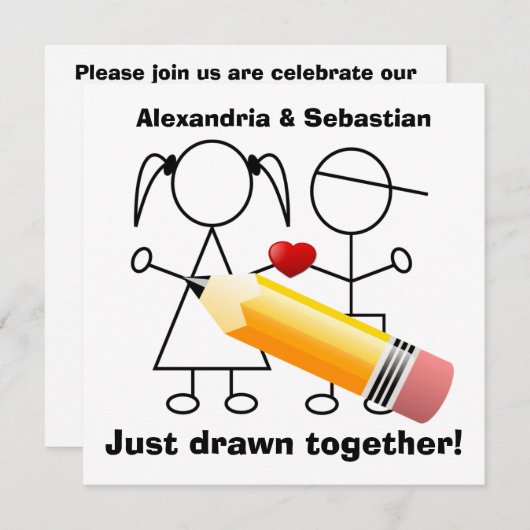 ハートの婚約パーティが付いている棒の姿のカップル 招待状 (正面/裏面)