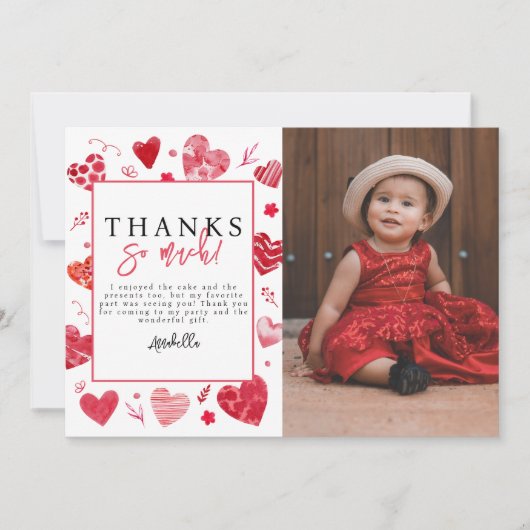 ハートの子供写真誕生日パーティーお礼 サンキューカード (正面)