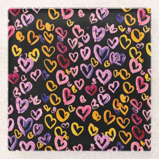 ハートの宝庫：水彩シームレスパターン ガラスコースター (正面)