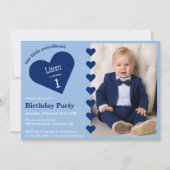 ハートの少年誕生日写真 & 青いハートの誕生日 招待状 (正面)