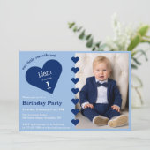 ハートの少年誕生日写真 & 青いハートの誕生日 招待状 (スタンド正面)