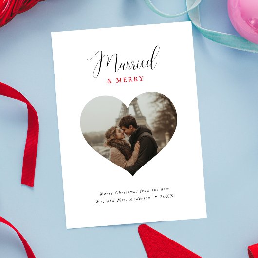 ハートの形の写真と結婚したメリークリスマス シーズンカード