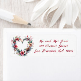 ハートの形の水の色のフローラリース – クリスマス ラベル