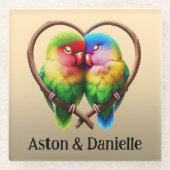 ハートの形をした枝で子どもができる可愛いロビーバード ガラスコースター (正面)