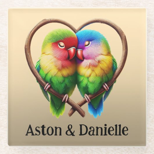 ハートの形をした枝で子どもができる可愛いロビーバード ガラスコースター (正面)