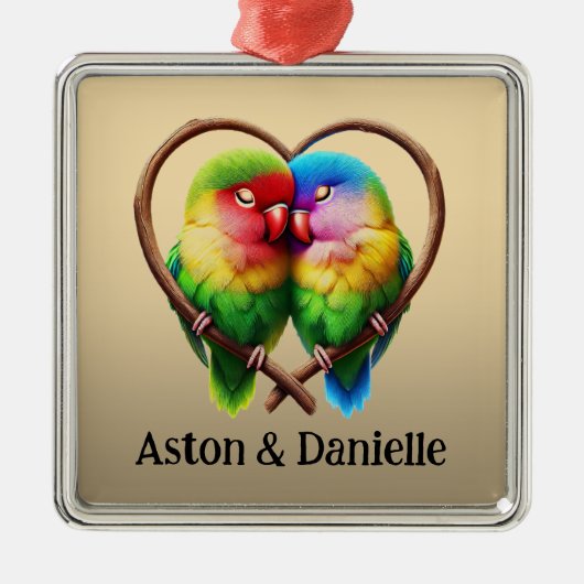 ハートの形をした枝で子どもができる可愛いロビーバード メタルオーナメント (正面)
