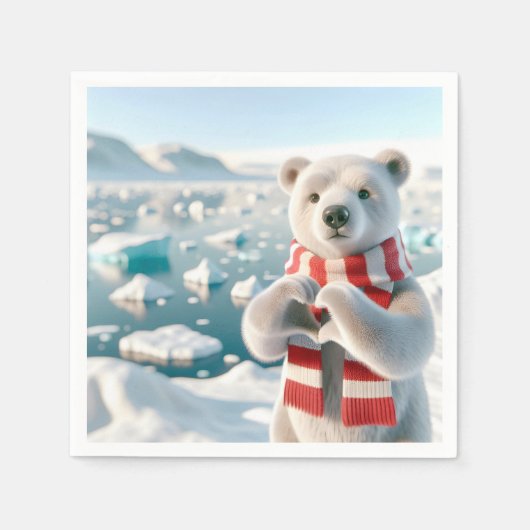 ハートの形を作る肉球の極地クマ スタンダードカクテルナプキン (正面)