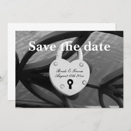 ハートの形状のパドロックのフェンス写真結婚の セーブザデート (正面/裏面)