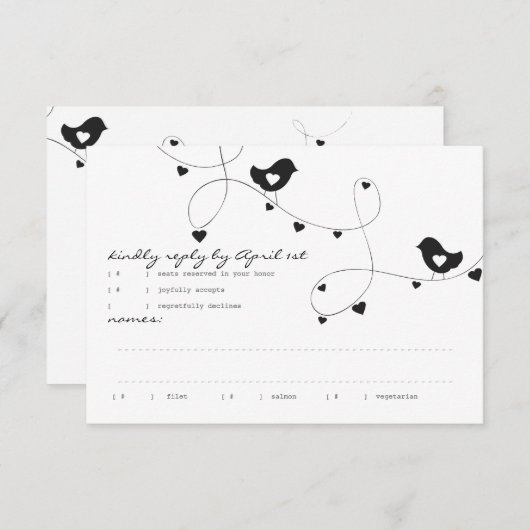 ハートの応答カードを持つレトロ愛鳥 出欠カード (正面/裏面)