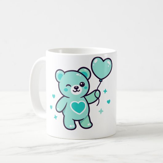ハートの愛を抱くかわいい青いテディベア コーヒーマグカップ (正面左)