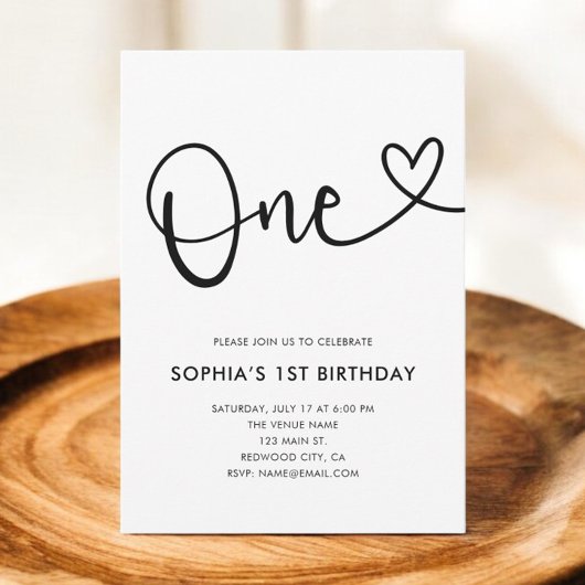 ハートの手書きフォト1歳の誕生日 招待状