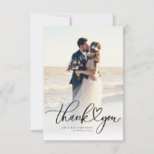 ハートの手書き文字の新婚夫婦の結婚式の写真 サンキューカード (正面)