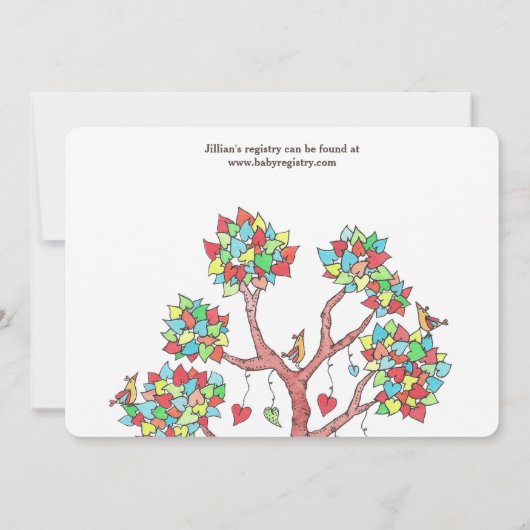 ハートの木と鳥が集まるおもしろい赤ちゃんシャワー 招待状 (裏面)