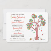 ハートの木と鳥が集まるおもしろい赤ちゃんシャワー 招待状 (正面)