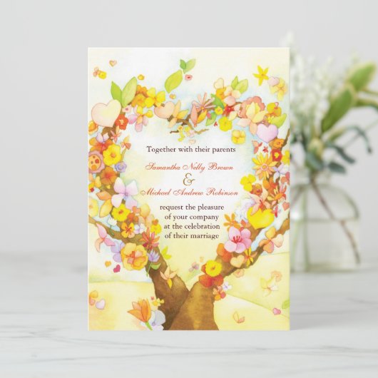 ハートの木の水彩画の結婚式招待状 招待状 (スタンド正面)