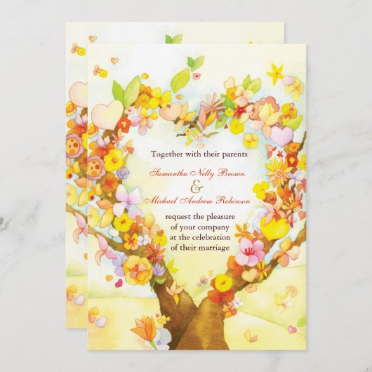 ハートの木の水彩画の結婚式招待状 招待状 (正面/裏面)